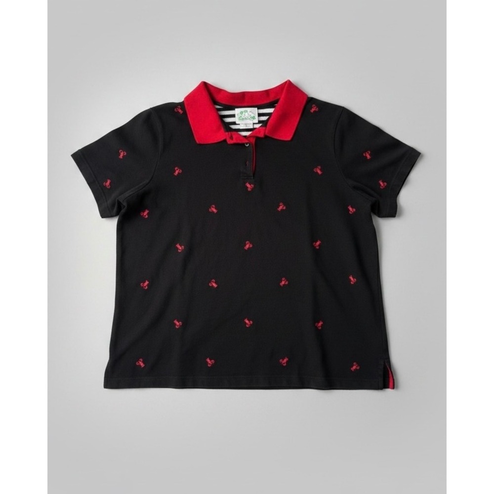 Quacker Factory 2X Black Red Lobster Embroidered Polo Shirt Short Sleeve Summer